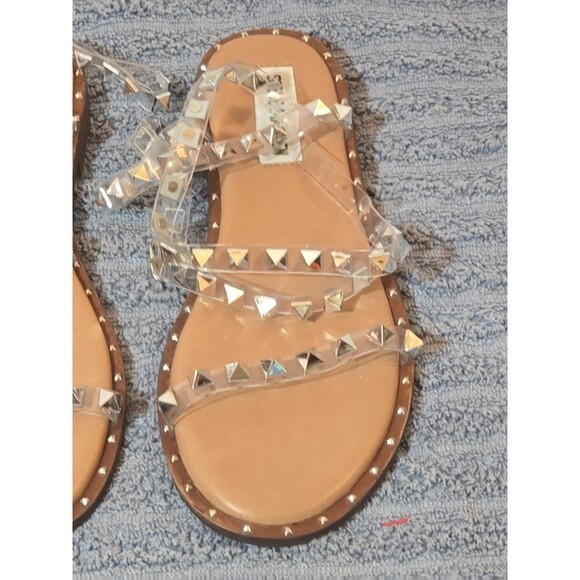 Steve Madden Travel Clear Rhinestone Leather Embellished Flat Sandal Size 6 - Picture 2 of 4